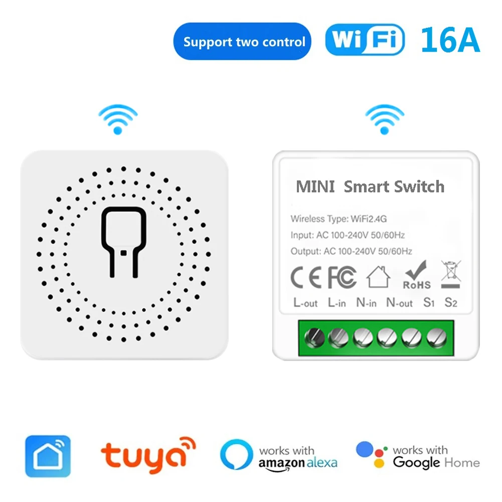 Interruttore Smart WiFi Tuya Mini da 16A, Modulo Interruttore Luce Smart Home con Controllo a 2 Vie, Compatibile con Tuya Smart Life, Alexa e Google Home