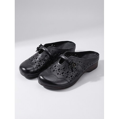 Damen-Mules aus Kamelleder – atmungsaktive, offene Slipper mit Cut-outs und floralem Detail für den Sommergarten Alltagskleidung Image
