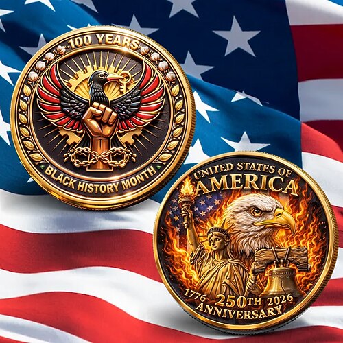 Gedenkmünze zum 250. Jahrestag der Unabhängigkeit der USA (1776–2026), patriotische Medaille mit Weißkopfseeadler, Freiheitsstatue, Freiheitsglocke und Flammen – ein historisches Sammlerstück. Image