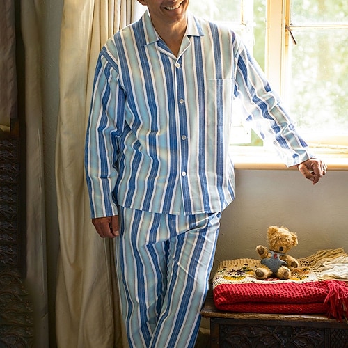 Herren Hausanzug Schlafanzüge Schlafanzug Set Pyjama-Oberteil und Hose 2 Stück Streifen Stilvoll Brautkleider schlicht Komfort Heim Täglich Baumwollmischung Komfort Kargen Langarm Hemd Hose Kordelzug Image