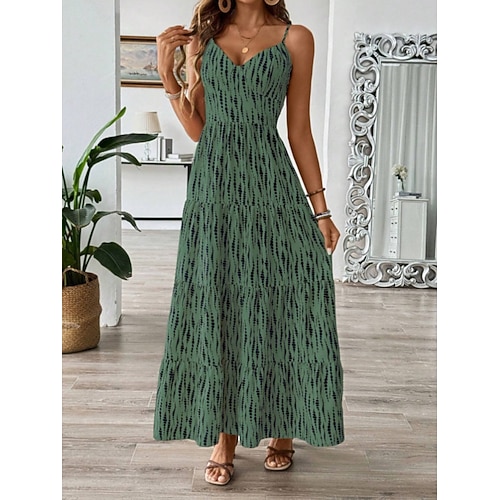 Damen Maxikleid Strandkleid Freizeitkleid Unterkleid Elegant Mode Modern Outdoor Strand Urlaub Normale Passform Gestreift Ärmellos V Ausschnitt Schwarz Grün Aprikose Sommer Frühling Image
