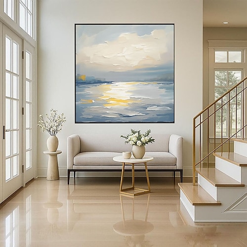 Handgemaltes Ölgemälde, strukturierte Meereslandschaft, goldenes Licht, abstrakte Meereslandschaft, Ölgemälde, funkelnde Sonne, Textur, Sonnenaufgang, Deko, Originalkunstwerk, moderne, schlichte Image