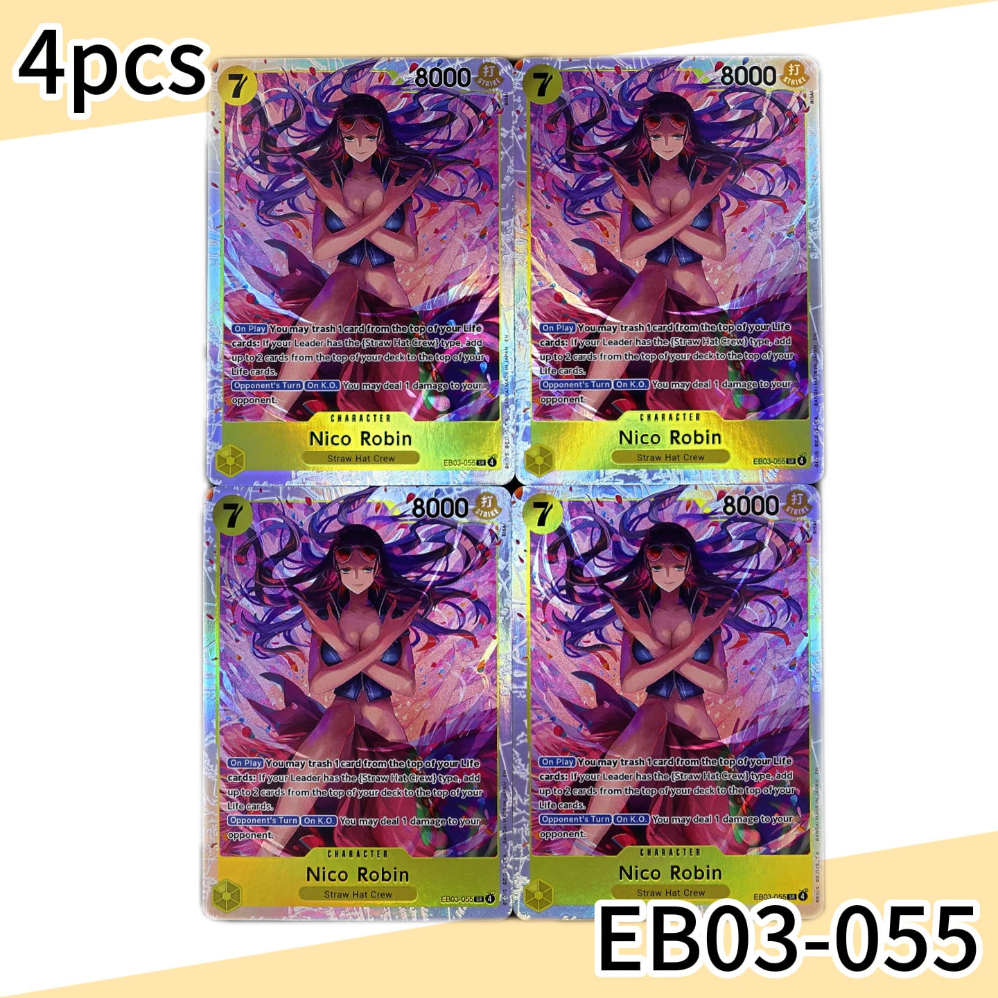 Set di 4 Carte Collezionabili EB03-055-Robin SR One Piece TCG OPCG in Inglese, Robin Giallo a 7 Costi, Carta Testurizzata con Lamina Goffrata, Carte Anime da Collezione