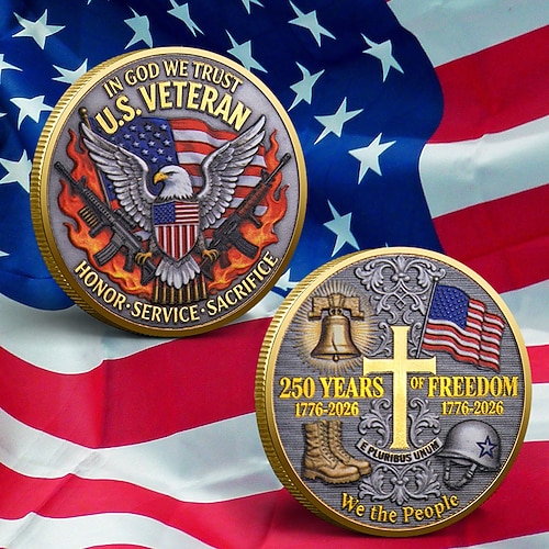 Gedenkmünze für US-Veteranen, 250 Jahre Freiheit 1776–2026, patriotische Ehrenmedaille mit Adler, Flagge und Freiheitsglocke Militärische Symbole, Ehre, Dienst, Opfer, Geschenk Image
