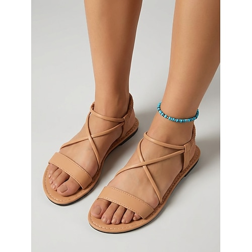 Weiße Damen-Sandalen mit Riemchen – bequeme, flache Sommerschuhe mit gekreuzten, schmalen Riemen und elastischem Fersenriemen für Strandurlaube und Inselreisen Image