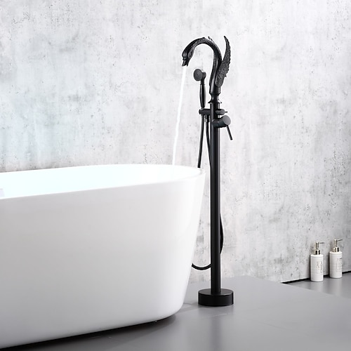 Schwanenhals-Wannenarmatur, freistehend, Warm- und Kaltwasser, Bodenmontage, Messing, mit Handbrause und 360° schwenkbarem Auslauf Image