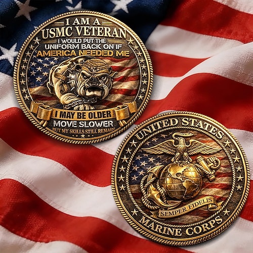 Gedenkmünze für USMC-Veteranen, Semper Fidelis Marine Corps Medaille, patriotisches Geschenk mit Bulldoggenemblem, amerikanischer Flagge, Ehrendienst, Sammlerstück für Militärangehörige Image
