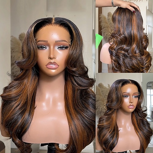 Echthaar 5x5 Verschluss 13x4 Spitzenfront Perücke Freier Scheitel Brasilianisches Haar Gewellt Braun Natürlich Perücke 150% 180% Haardichte mit Babyhaaren Ombre-Haar Hervorgehobenes / Balayage-Haar Image