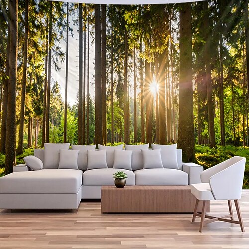 Natur, Wald, Sonnenlicht, Sonnenstrahlen, grüne Bäume, nebliger Wald – Wandteppich für Wohnzimmer, Schlafzimmer, Studentenwohnheim – realistische Landschaftsgestaltung, Wandbild Image