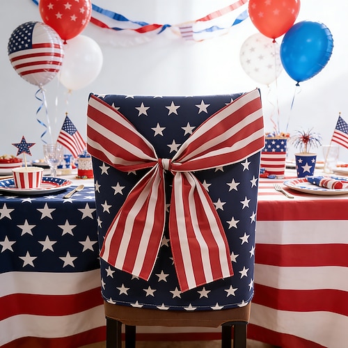 Stuhlhussen mit Schleife zum 250. Jahrestag der USA (1776–2026) – Gartendekoration für patriotische Feierlichkeiten zum 500. Unabhängigkeitstag – Küchen- und Esszimmerdekoration – 2- oder 6-teiliges Set Image