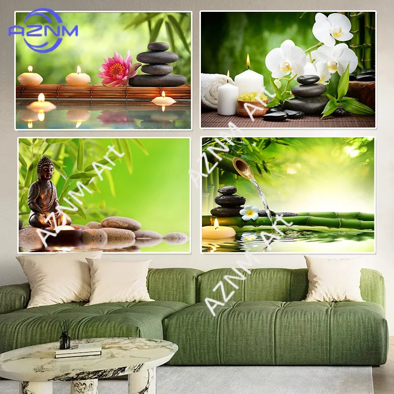 ZEN Poster Stein Bambus Wassertropfen Grünes Blatt Stilleben Meditation Wandkunst Bild Leinwand HD-Druck Buddha Heim-Dekoration Gemälde
