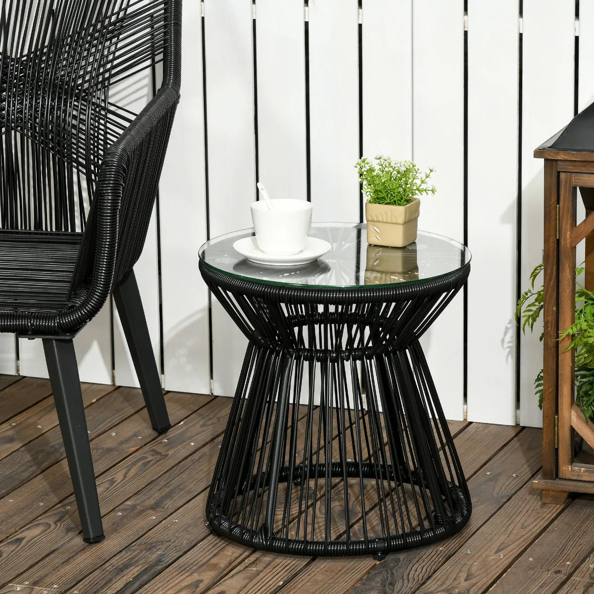 Bistrotisch mit Glasplatte, schwarzer runder Hohlkammer-Trommeltisch für Garten & Balkon