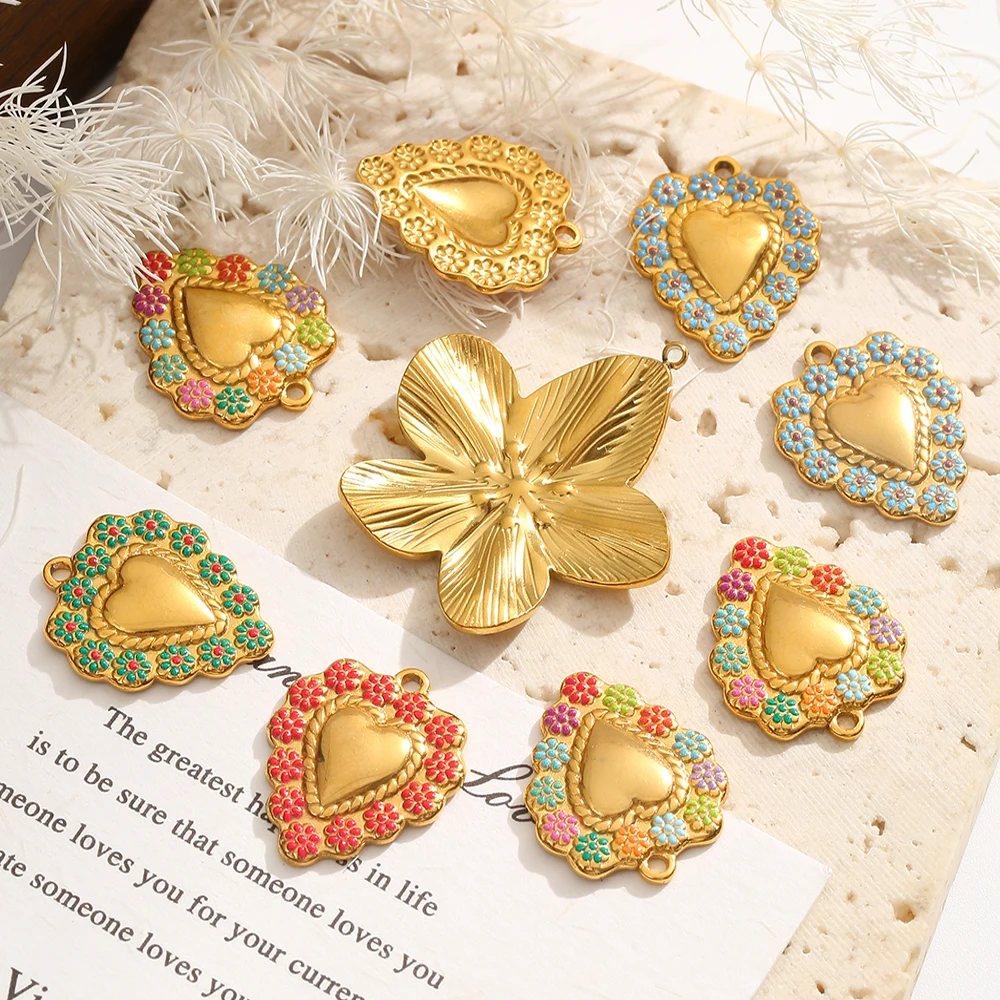 1-5 Stück Herzanhänger mit Emaille-Blumen aus Edelstahl für Vintage-Schmuck, Verbinder, Ohrringherstellung und DIY-Schmuckzubehör Image