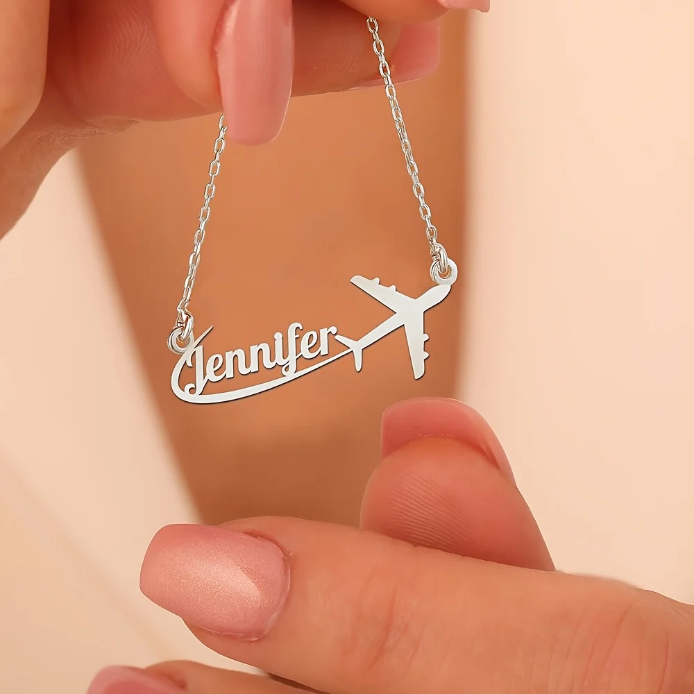 Benutzerdefinierte Personalisierung Edelstahl Flugzeug Namen Halskette Anhänger mit Flugzeug Schmuck Das ideale Geschenk Muttertagsgeschenk Image