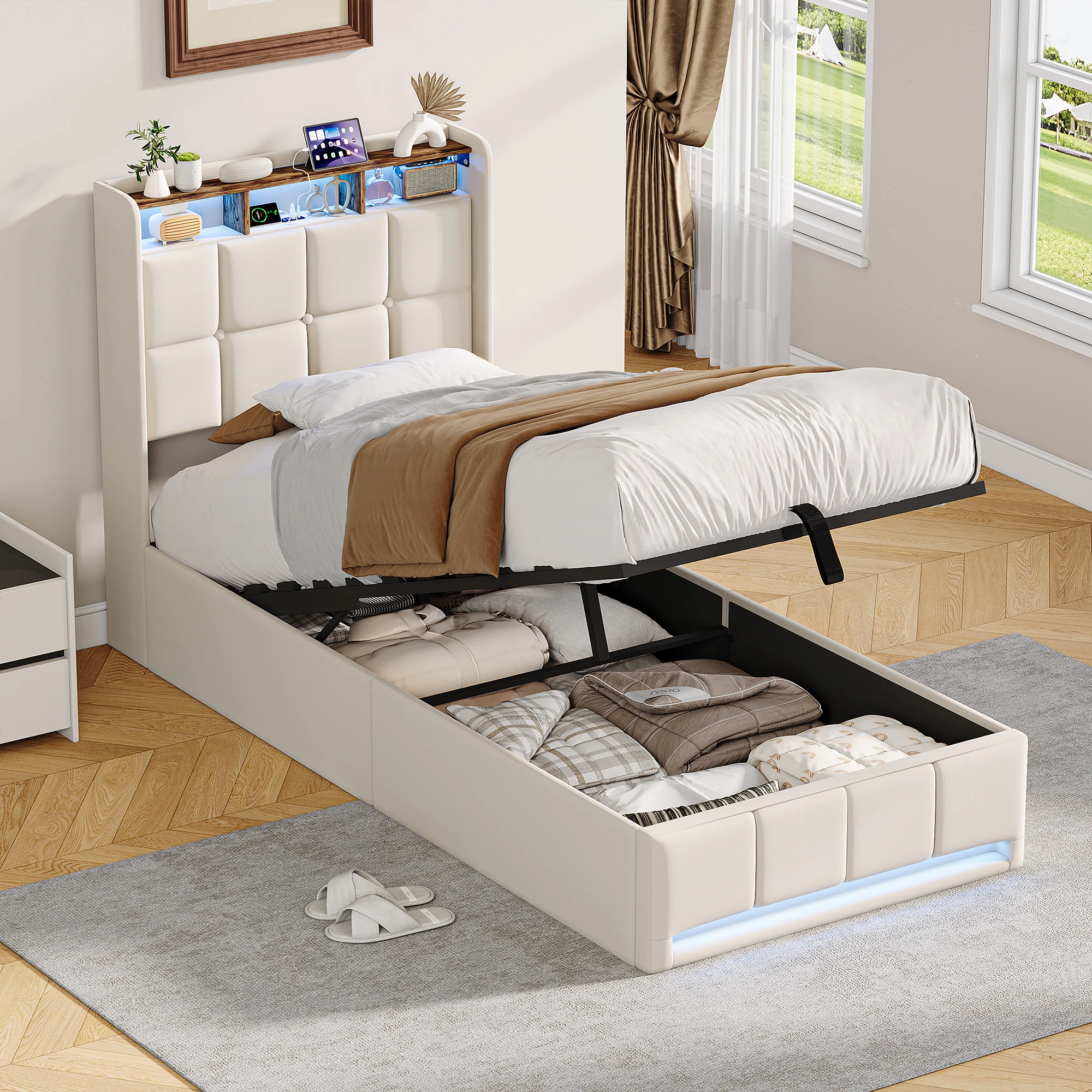 Anajqaqia 90/140/160×190/200Cm Doppelbett, Kinderbett, Jugendbett, Staufach, LED-Lampe, USB-Ladefunktion, Leinenbett