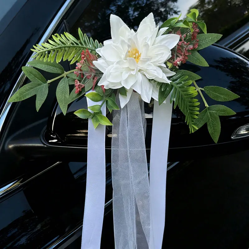 1 Stück Hochzeitsauto-Rückspiegel-Türgriff-Dekoration, mehrfarbige Rückspiegelblume mit spitzen Ecken, europäische und amerikanische Retro-Bunte Auto-Blume, Hochzeitsstuhl-Rückenblume, Dual-Use-Blume, Image