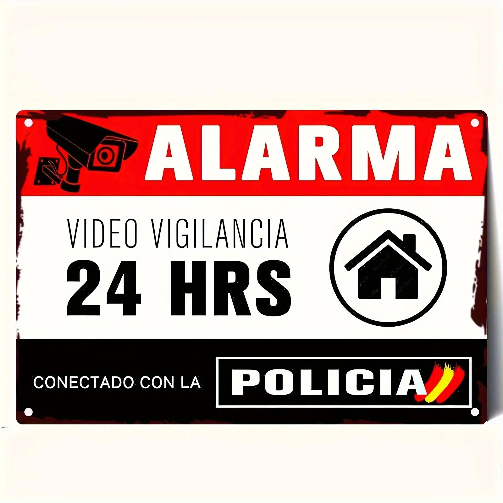 HD-Metall-Blechschild „Spanisch 24H Videoüberwachung Alarm“ – mit Polizei verbunden – Retro-Metallplakette/Poster für die Haussicherheit Image