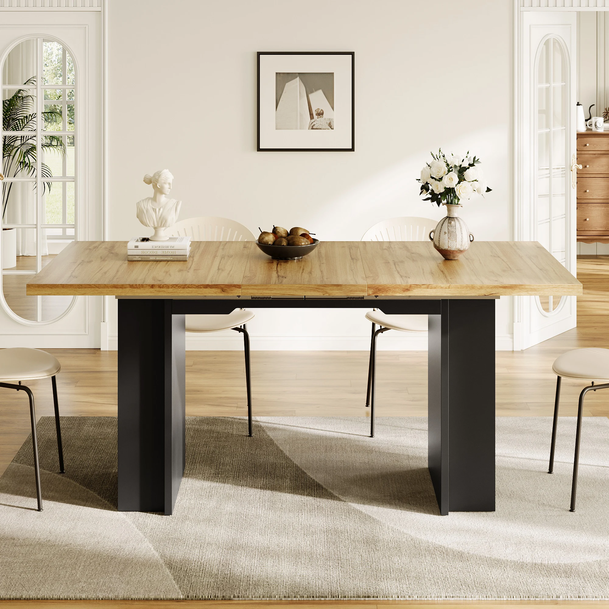 Ausziehbarer Esstisch 120–160×80 cm mit Regalen, multifunktionaler Küchentisch & Arbeitstisch in Holzoptik