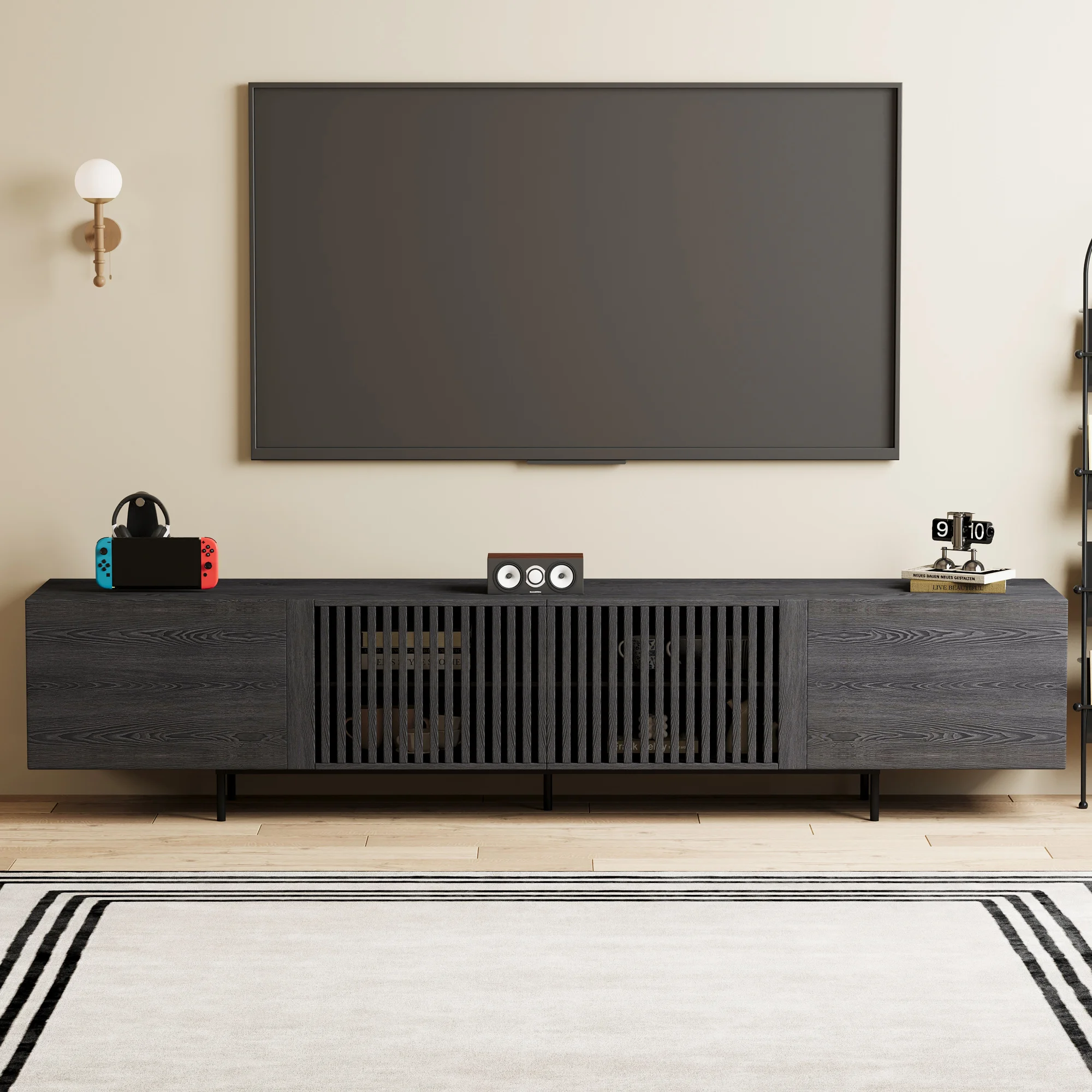 TV Schrank 240 cm passend für 75 Zoll Fernseher, TV Lowboard mit Lamellentüren und großem Stauraum, vielseitiges TV Board（240cm）