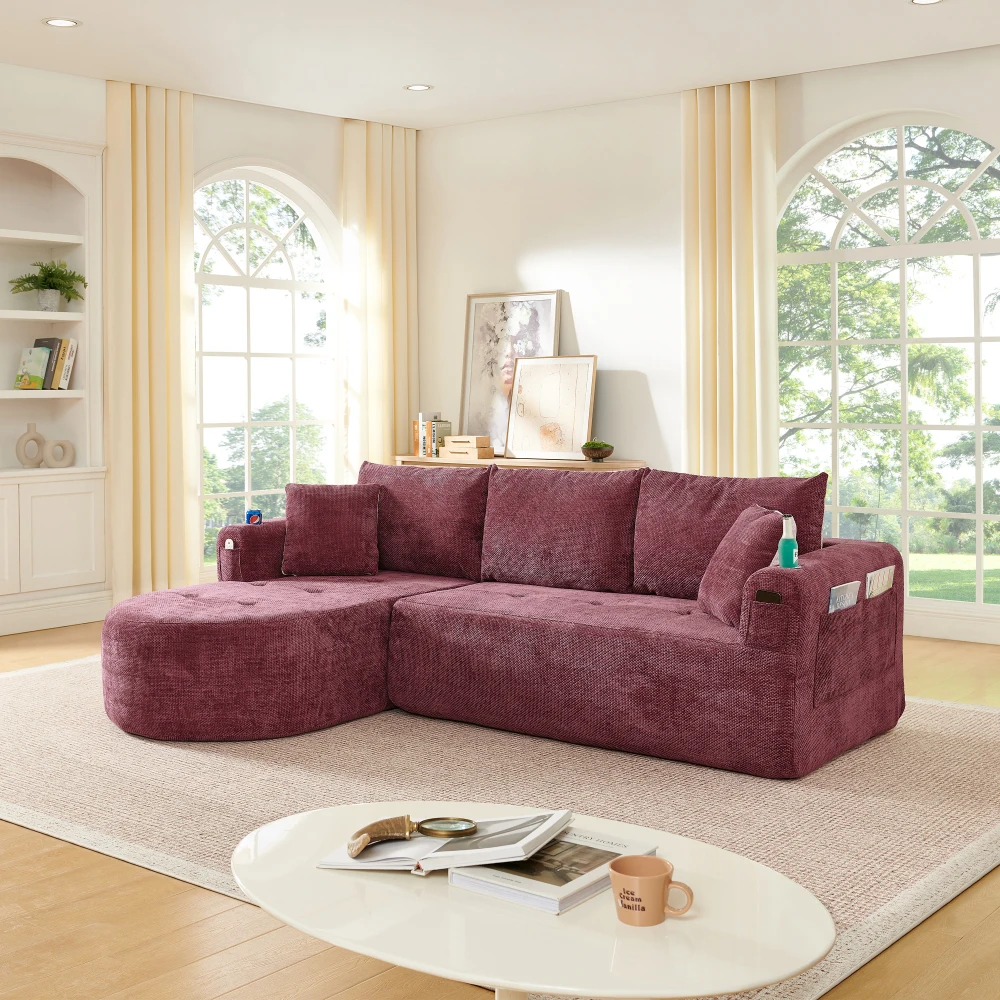 L-förmiges Ecksofa ohne Montage, hitzebeständiger Getränkehalter, atmungsaktiver Leinenbezug, Seitentaschen & Sessel für das Wohnzimmer Image