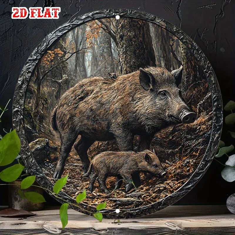 2D-Blechschild mit Wildschweinfamilie im Wald, 7,8 x 7,8 Zoll, kreisförmiger Druck, Wanddekoration für Studio