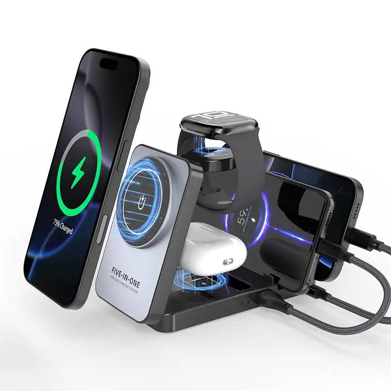 Wireless Charger for iPhone 17 16 15 14 13 12 11 X 8, 5 in 1 Charging Station for Apple Watch 10/9/8/7/6/5/4/3/2/SE/Ultra/Ultra