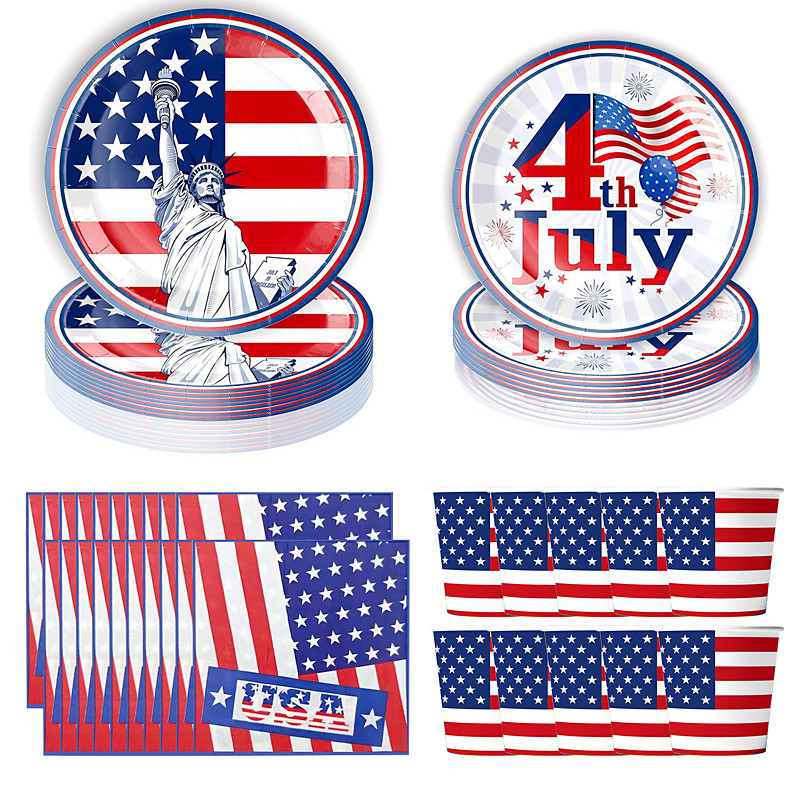 50Pcs/set American Independence Day Tableware Set, American Flag Patriotic Party Supplies, Disposable Napkins, Paper Plates and Paper Cups, Ideal for Veterans Day Election Day 4th of July Independence