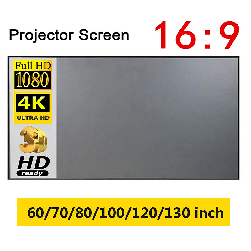 Projector Screen 16:9 HD 4K, Grey Anti-Light Portable Projection Screen for Home Theater Movie, Foldable Indoor Outdoor Screen, Various Sizes 60 70 80 100 120 130 Inch, High Contrast