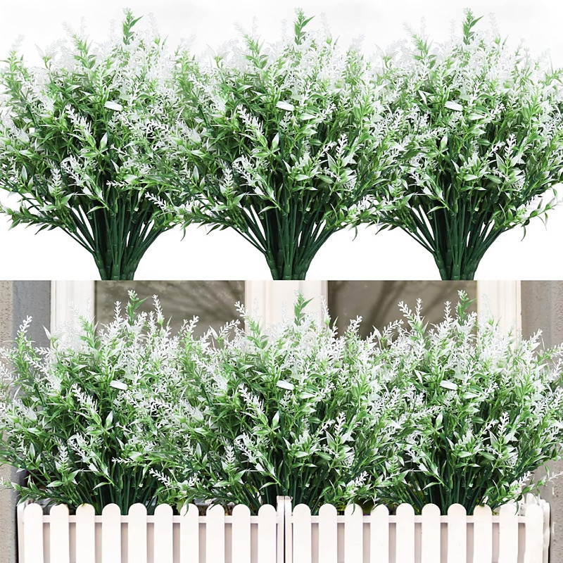 24 Bundles Outdoor Artificial Flowers Lavender UV Resistant Fake Outdoor Plants, Faux Greenery for Indoor Outside Hanging Plants Garden Porch Window Box Home Wedding Farmhouse Décor