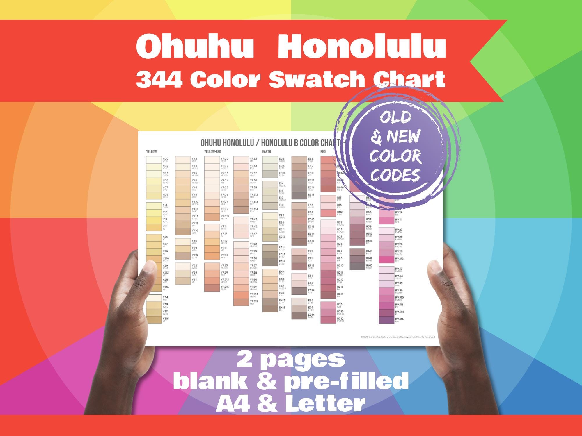 Tabella dei campioni di colore Ohuhu Honolulu 344 | Numeri di colore vecchi e nuovi | Vuoti e precompilati | 2 pagine | PDF stampabile (A4 e Lettera)