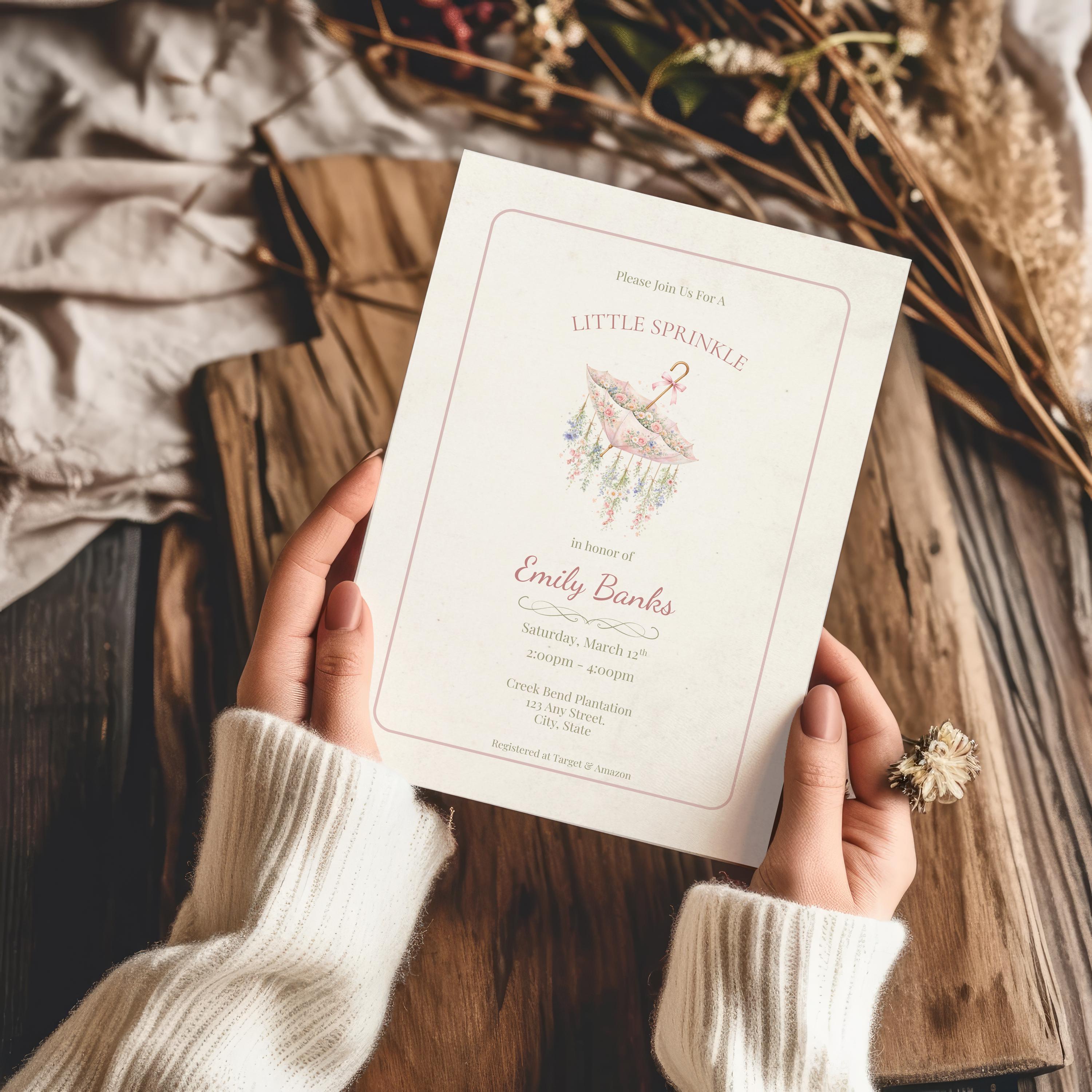 Invito per baby shower Little Sprinkle, invito floreale per baby shower, invito per baby shower Vintage Garden Girl, invito floreale per baby shower