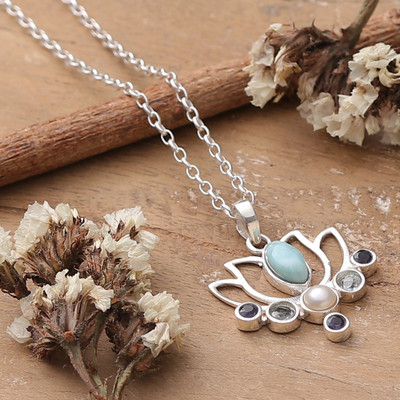'Lotus Flower-Themed Multi-Gemstone Silver Pendant Necklace'