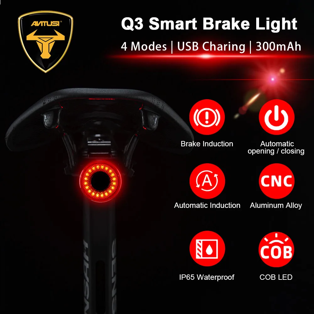 Antusi Luce di rilevamento del freno automatico intelligente per bicicletta IPx6 LED impermeabile Ricarica Fanale posteriore per bicicletta Accessori per luci posteriori per bici Q3