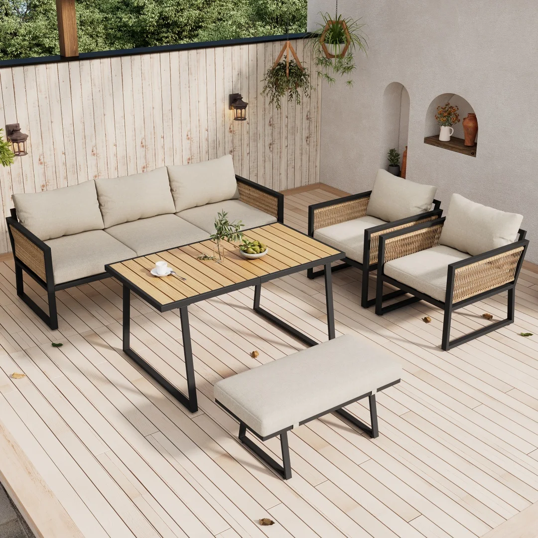Canapé de jardin, housse pour chaise longue de jardin, canapé d'extérieur. Ensemble de meubles de jardin, 3 canapés, 2 fauteuils, tabourets et table, table en plastique.
