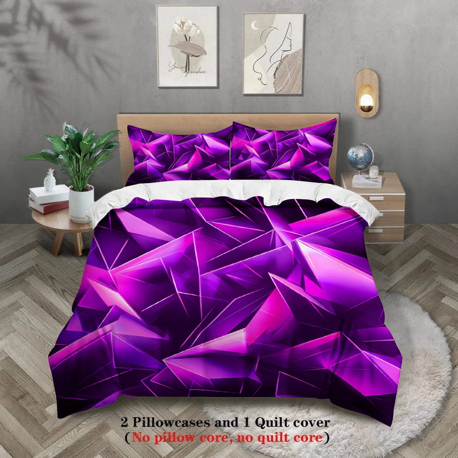 Modernes Bettbezug-Set Gaming 3D Geometrischer Kristall 3-teilig Lila Tech-Print Wohndekor Bettwäsche 2 Kissenbezüge Twin Queen King Größe Image
