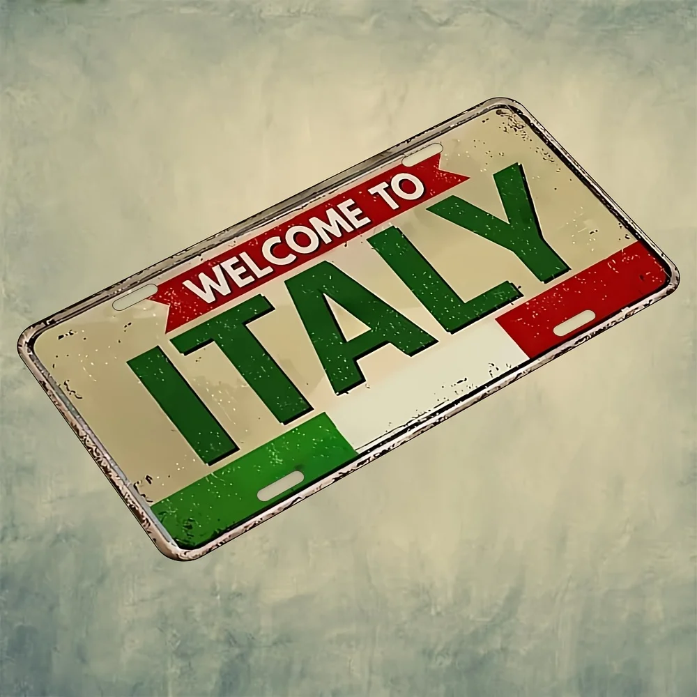 Willkommen bei Italy Flag Colors: 2D-Flachdruck-Nummernschild im Metall-Optik-Stil, italienisches Reise-Deko-Aluminiumschild Image