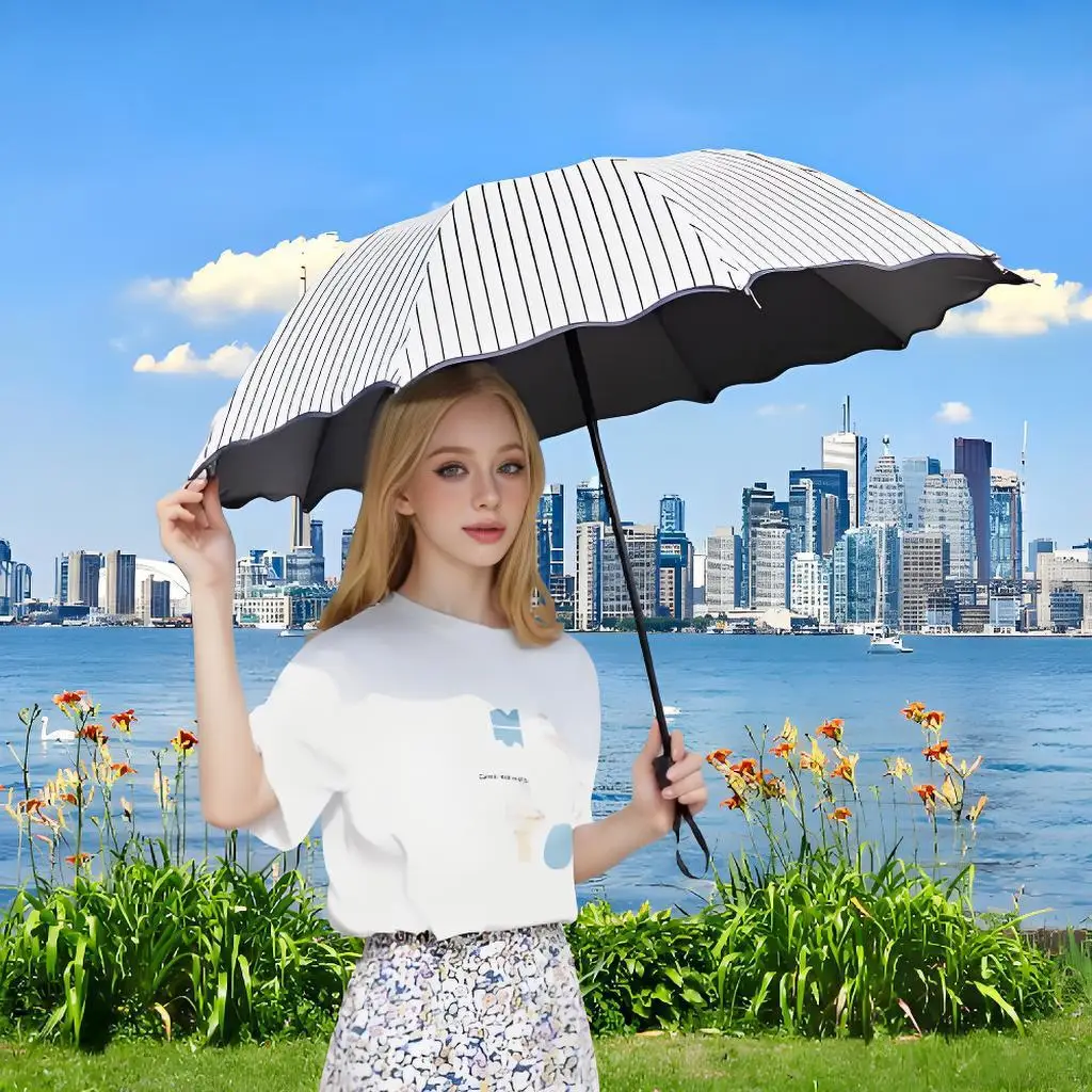 Sonnenschirm, einfach gestreift, faltbar, Dual-Use-Regenschirm für Regen und Sonnenschein, kleiner und frischer Sonnenschirm aus schwarzem Gummi, 1 Stück Image