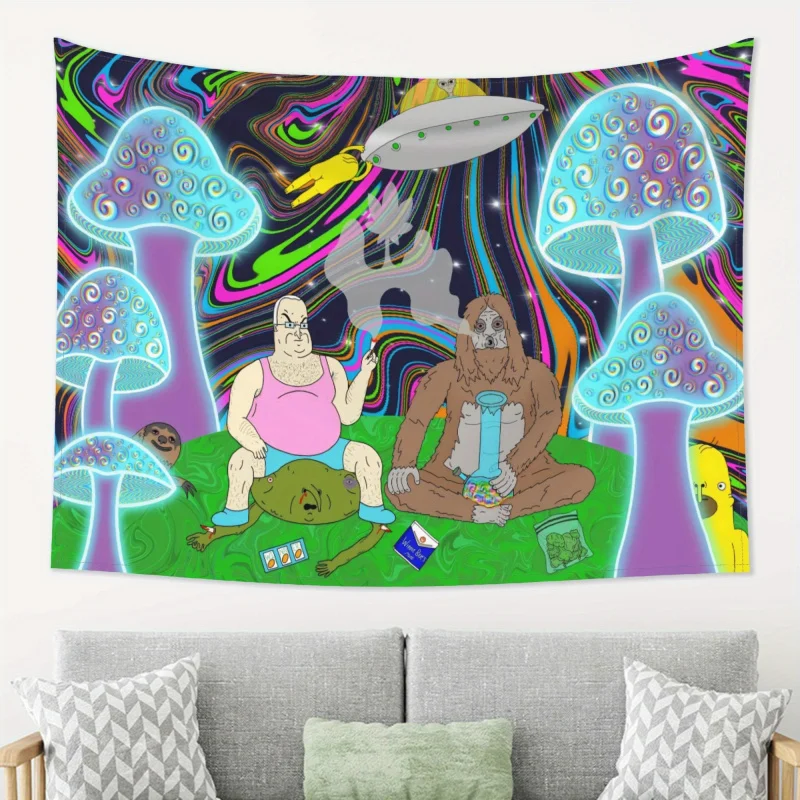 VIKAMA Psychedelic Mushroom Alien Cartoon Wandteppich im amerikanischen Prank-Weird-Stil, Wandbehang für Wohnheim, Gaming-Raum und Schlafzimmerdekoration Image