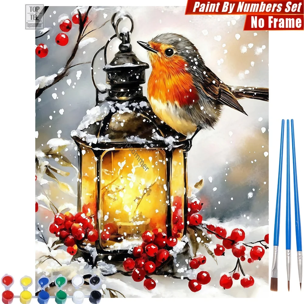 Winter-Robin-Laterne Malen-nach-Zahlen-Set - Gemütliche Beeren und Schnee Wandkunst-Dekoration Halloween-Geschenk für Lehrer Image