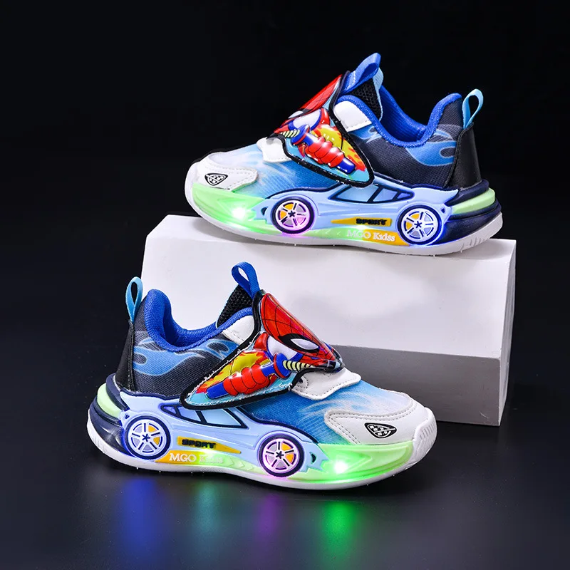 Kinder-Freizeitschuhe, LED-Licht, Cartoon-Mesh, Herbst-Outdoor-Sportschuhe für Jungen, atmungsaktiv, rutschfest, Schwarz, Blau, Größe 21–30