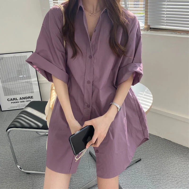 Biyaby Sommer Kurzarm Lila Hemden für Frauen Koreanische Lose Taste Midi-Länge Mantel Damen Vintage Einfache All-Match bluse