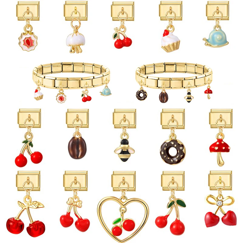 Y2K Gold Farbe Zirkon Donut Kuchen Kirsche Anhänger Italienischen Charme Links Fit 9mm Edelstahl Armband Frauen DIY Machen geschenke Image