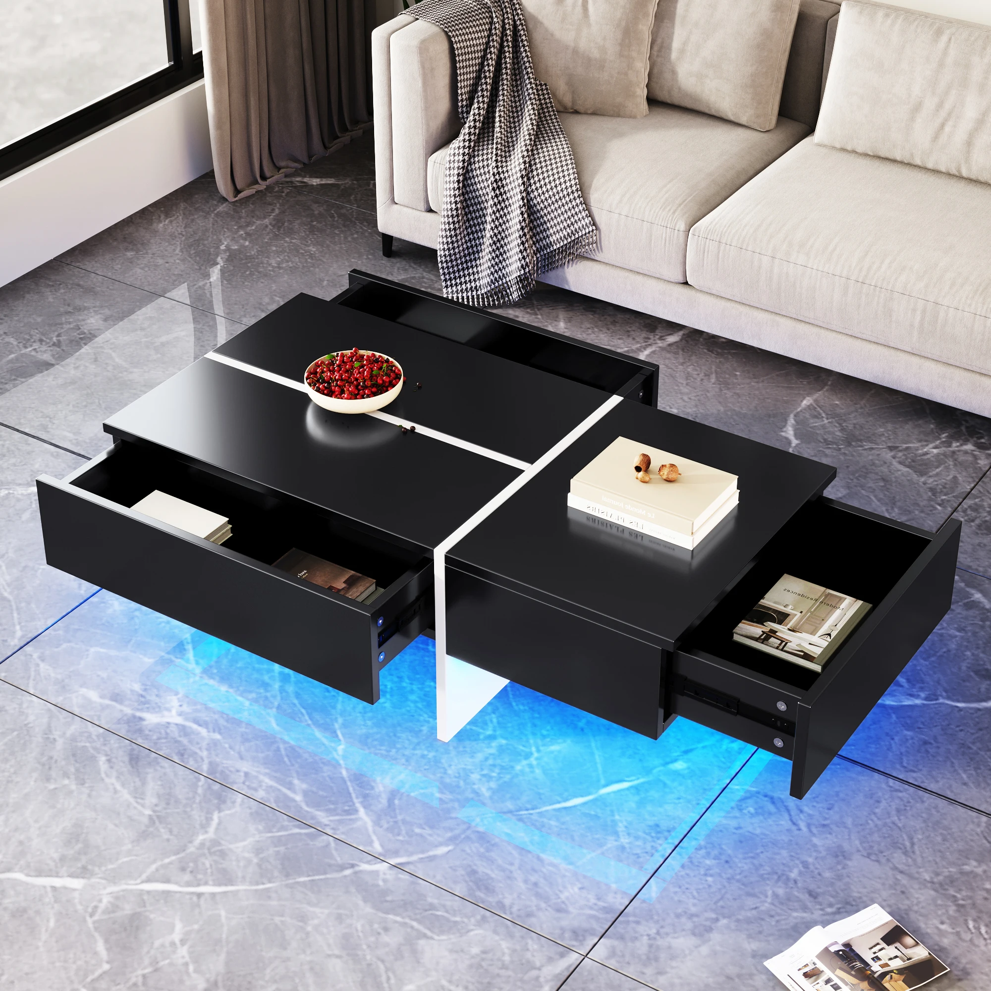 Couchtisch hochglanz mit LED Beleuchtung, mit 3 Schubladen Beistelltisch Kaffeetisch Image