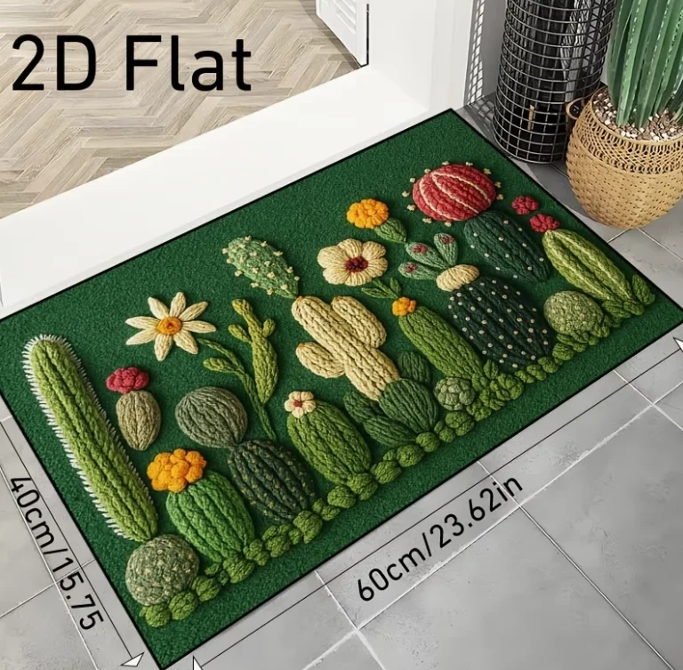 Fußmatte mit Kaktusblüten-Stickerei – grüner Blumen-Kaktus-Teppich für den Eingangsbereich, Bodenmatte, Küchenteppich, Heimdekoration Image