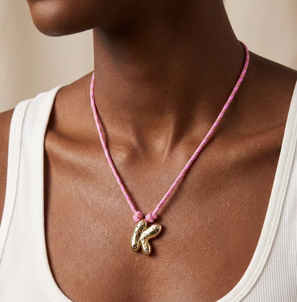 Bunte Zirkon Chunky Bubble Buchstabe K Anhänger Halskette für Frauen Trendy Rosa Seil Kette Vergoldet Halsband Schmuck Geschenk Image