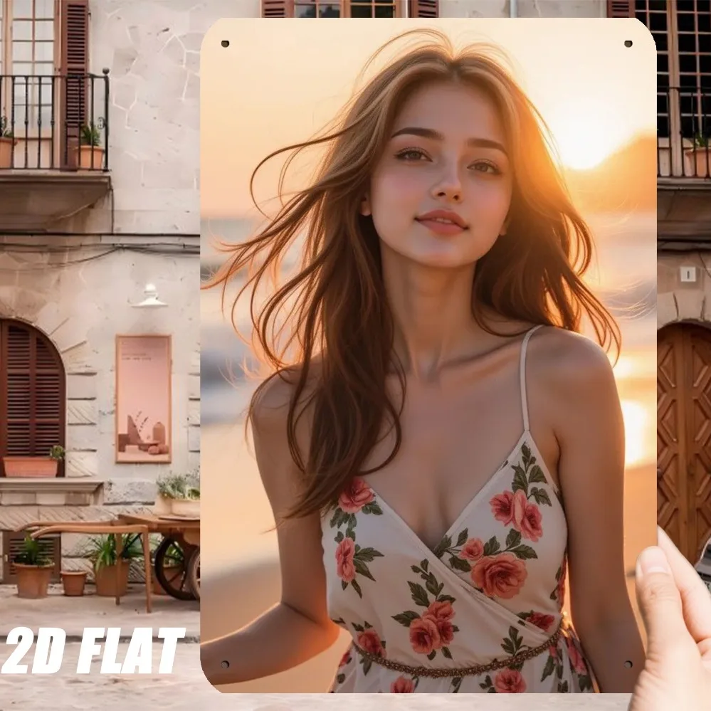 Vintage Metallschild mit schöner Rothaariger Frau im Blumenmuster-Sommerkleid, Rustikales Sonnenuntergang-Strand-Ästhetik-Porträt Wandkunst D Image