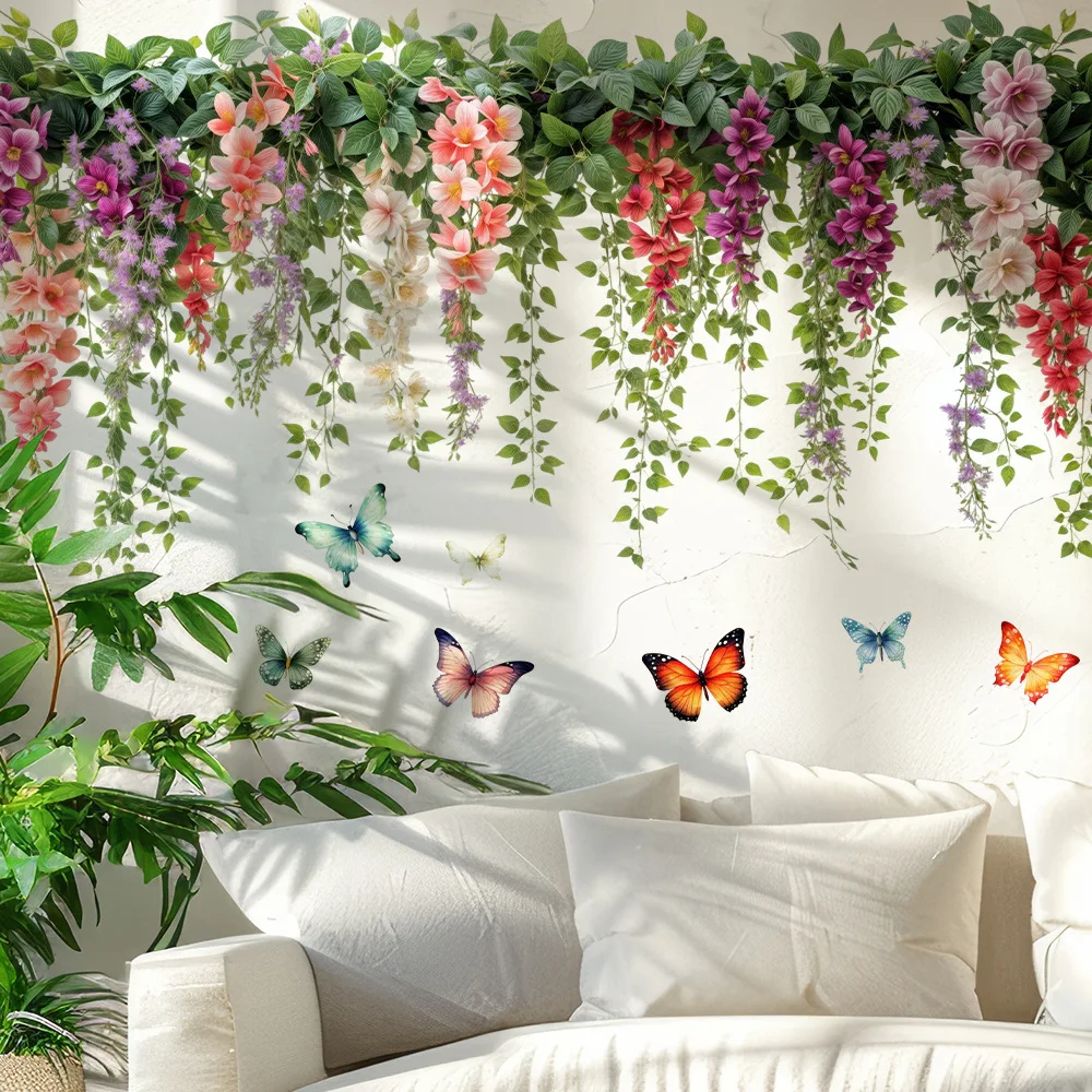 Hängende Blumenranken-Wandaufkleber mit Schmetterlingen, Abnehmbare 3D Blumen- und Grünzeug-Wandsticker für Wohnzimmer, Schlafzimmer und Heimdekoration