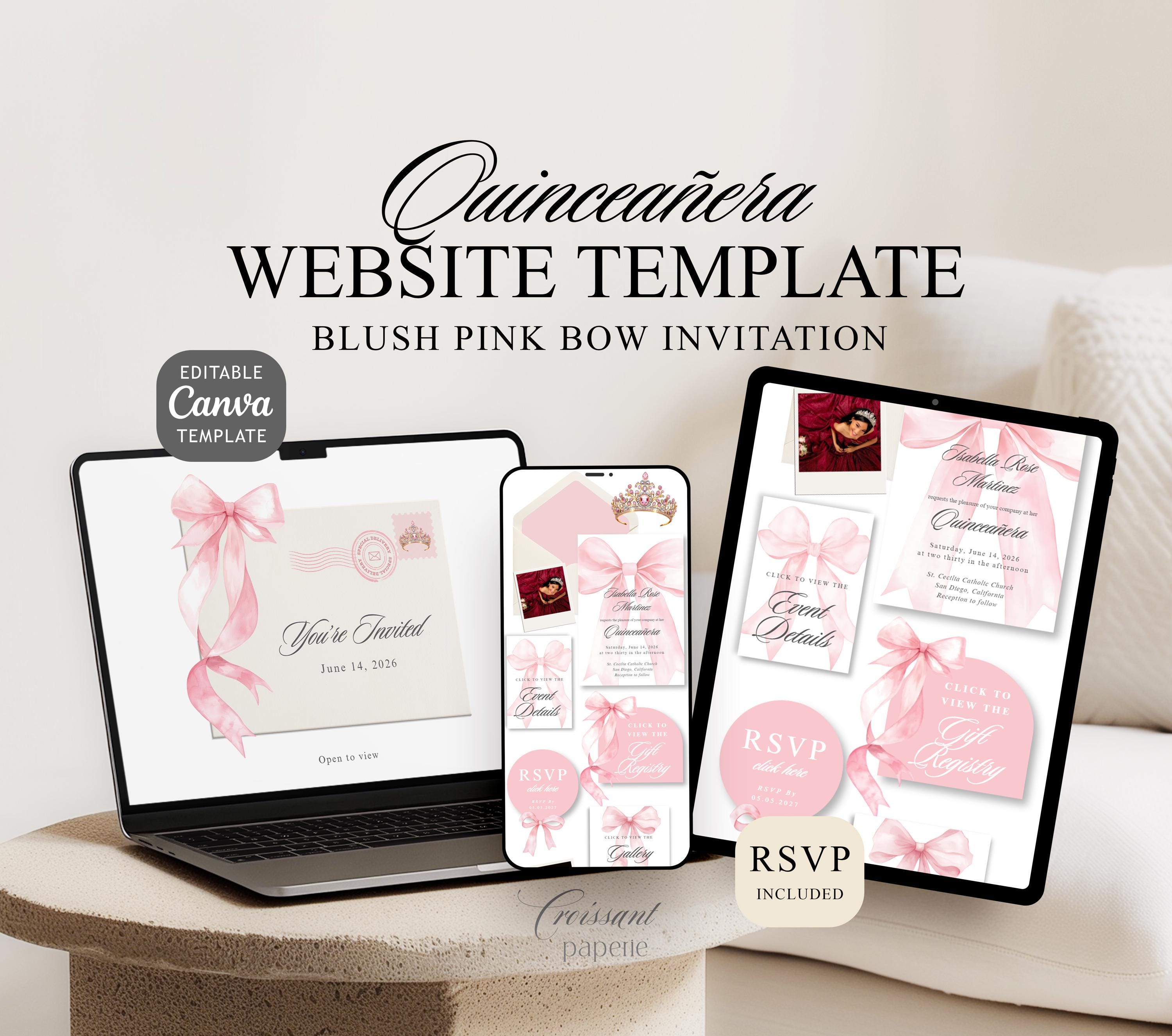 Invito digitale per Quinceañera rosa, modello di sito web con RSVP, sito web modificabile su Canva, invito digitale per il 15o compleanno con fiocco r
