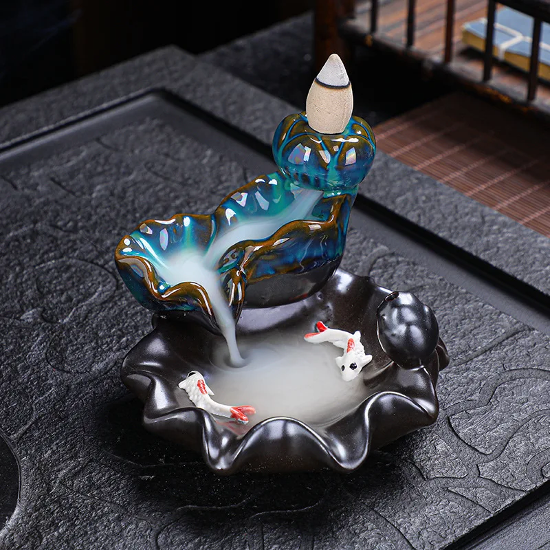 Bruciatore di incenso a cascata Double Fish Flowing Back, decorazione creativa per la casa, bruciatore di incenso in ceramica a cascata, bruciatore di incenso a forma di loto.