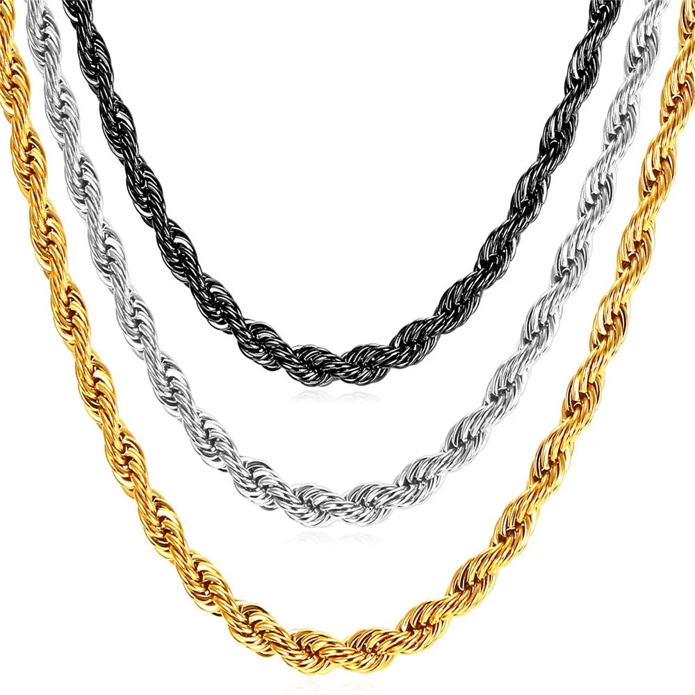 U7 Acciaio inossidabile 3/6/9mm Corda intrecciata Collane a catena per uomo Donna Catena a maglie 18-30 pollici Classico impilabile Regalo quotidiano dei gioielli